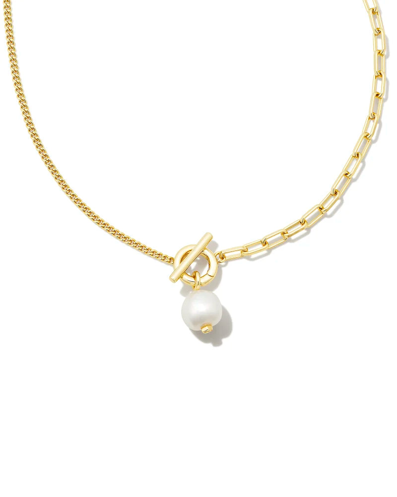 Kendra Scott Leighton Convertible Gold Pearl Chain Necklace in White Pearl