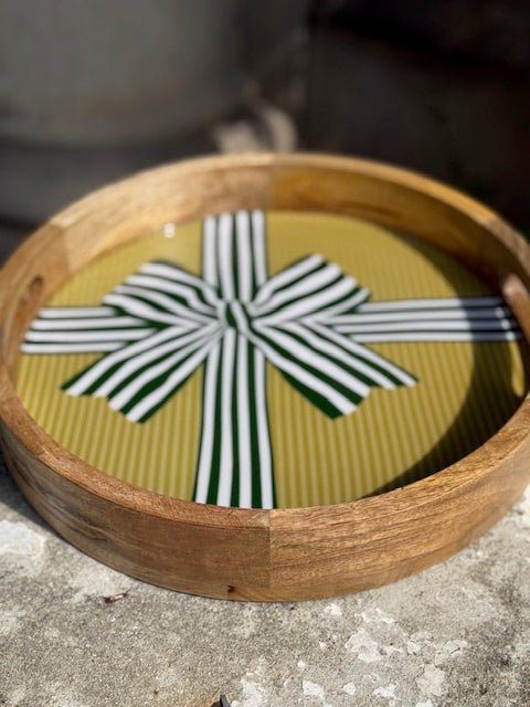 Large Round Wood Enamel Tray - Holiday Gift Green Bow - Juli's Wearable Art