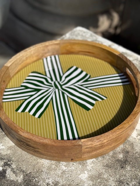 Large Round Wood Enamel Tray - Holiday Gift Green Bow - Juli's Wearable Art