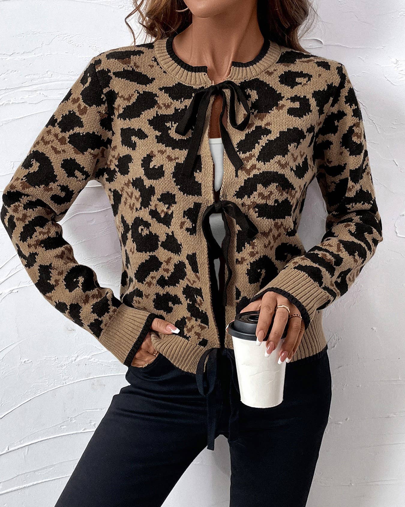 Leopard Print Bow Tie Knitted Cardigan