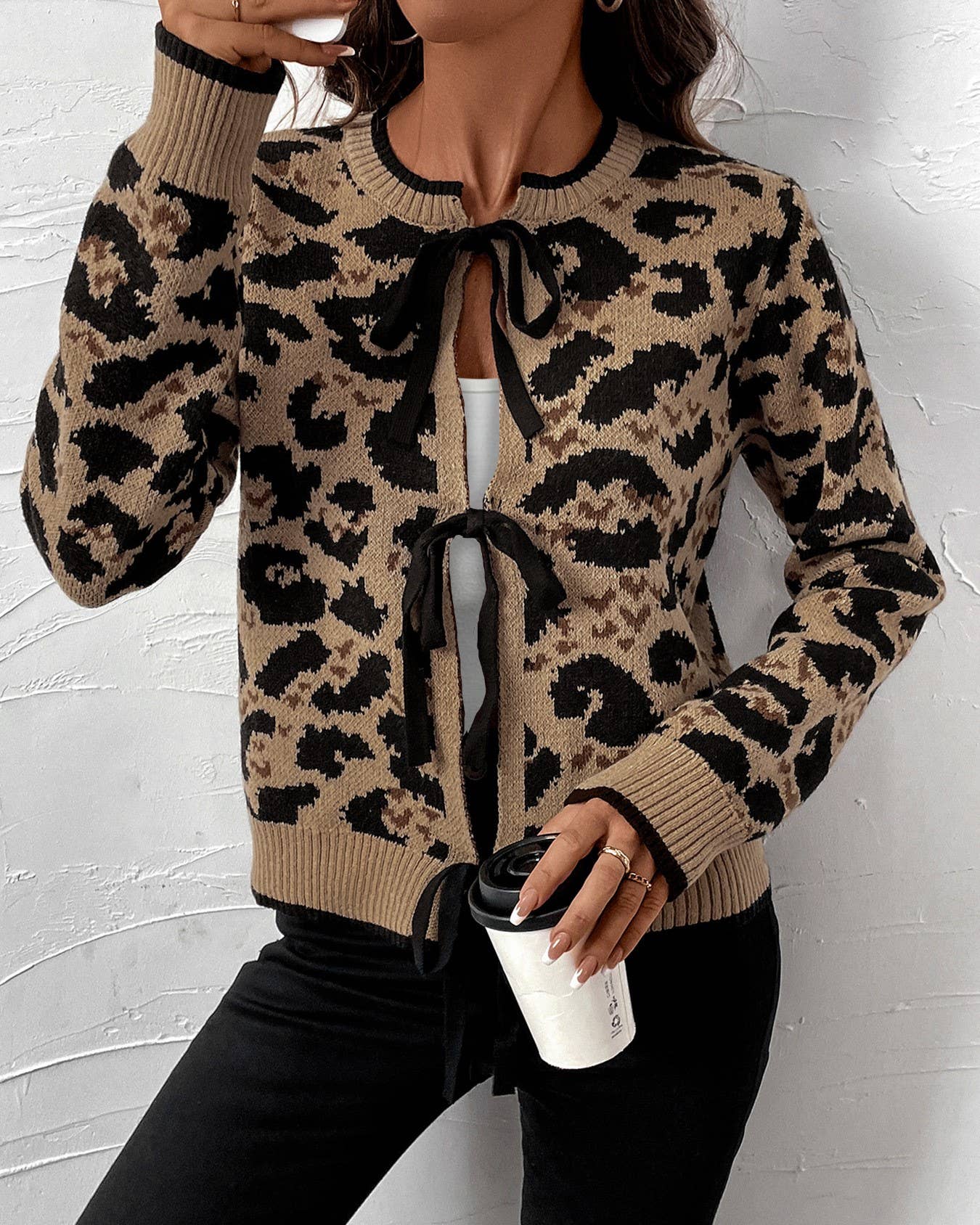Leopard Print Bow Tie Knitted Cardigan - Juli's Wearable Art