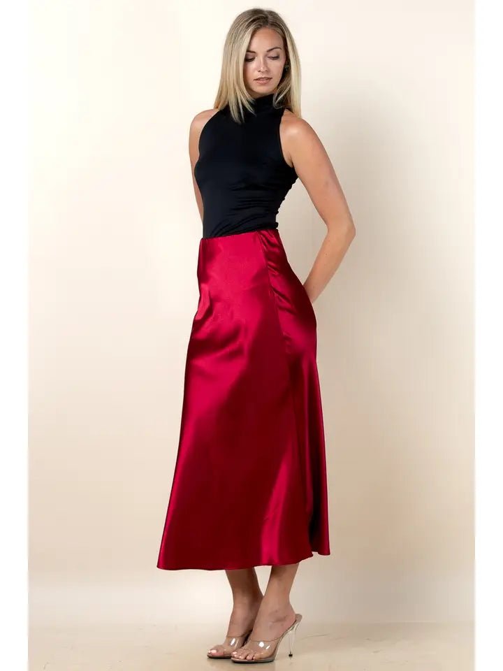 Lidia Solid Satin A - Line Midi Skirt – Red - Juli's Wearable Art