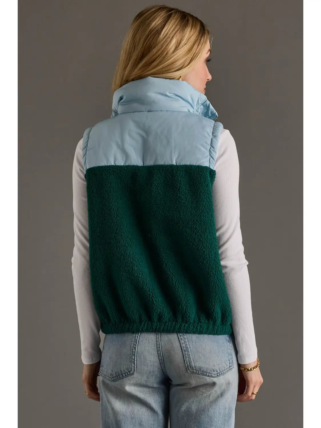 Light Blue & Green Vest Colorblock Sherpa Vest - Juli's Wearable Art