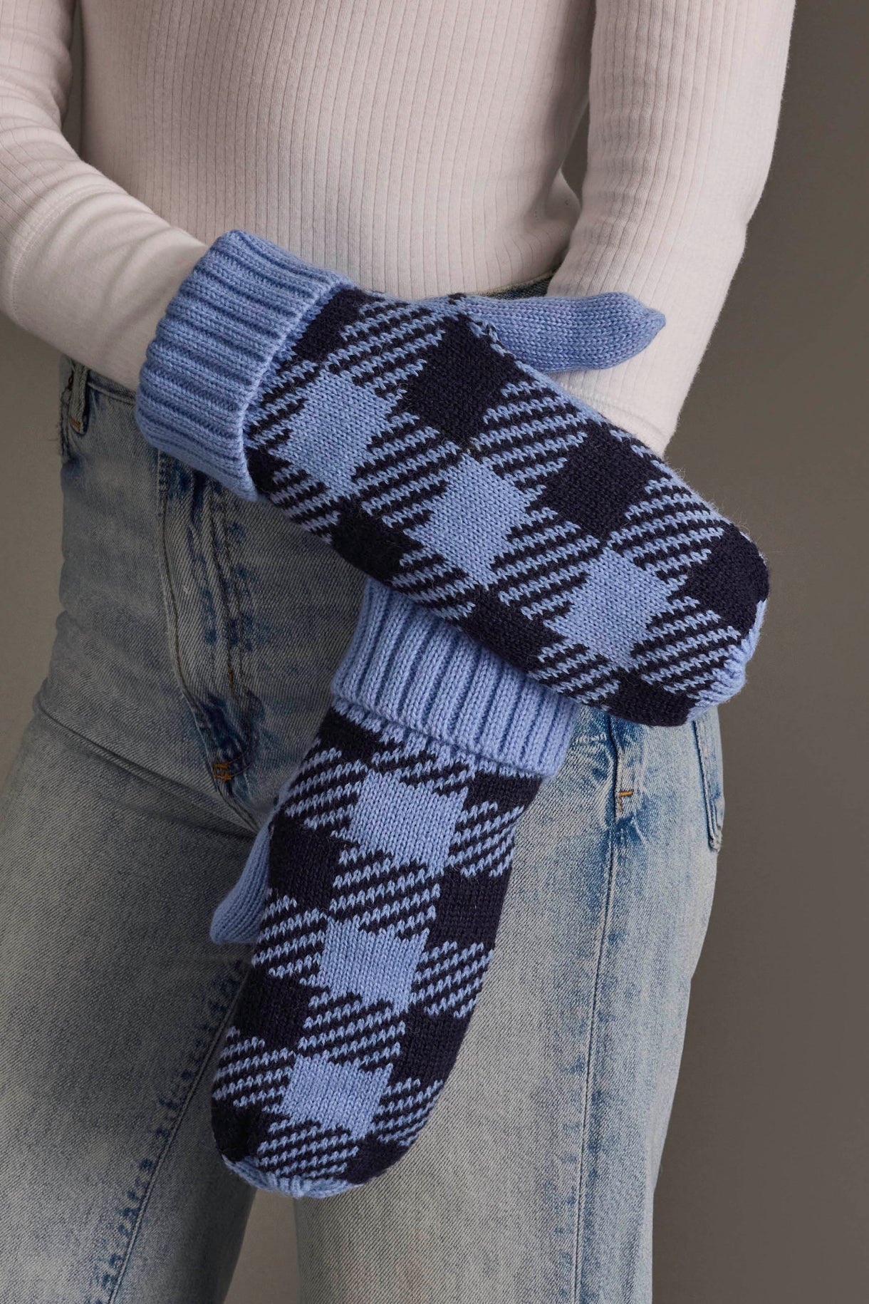 Light Blue & Navy Plaid Knit Mittens - Juli's Wearable Art