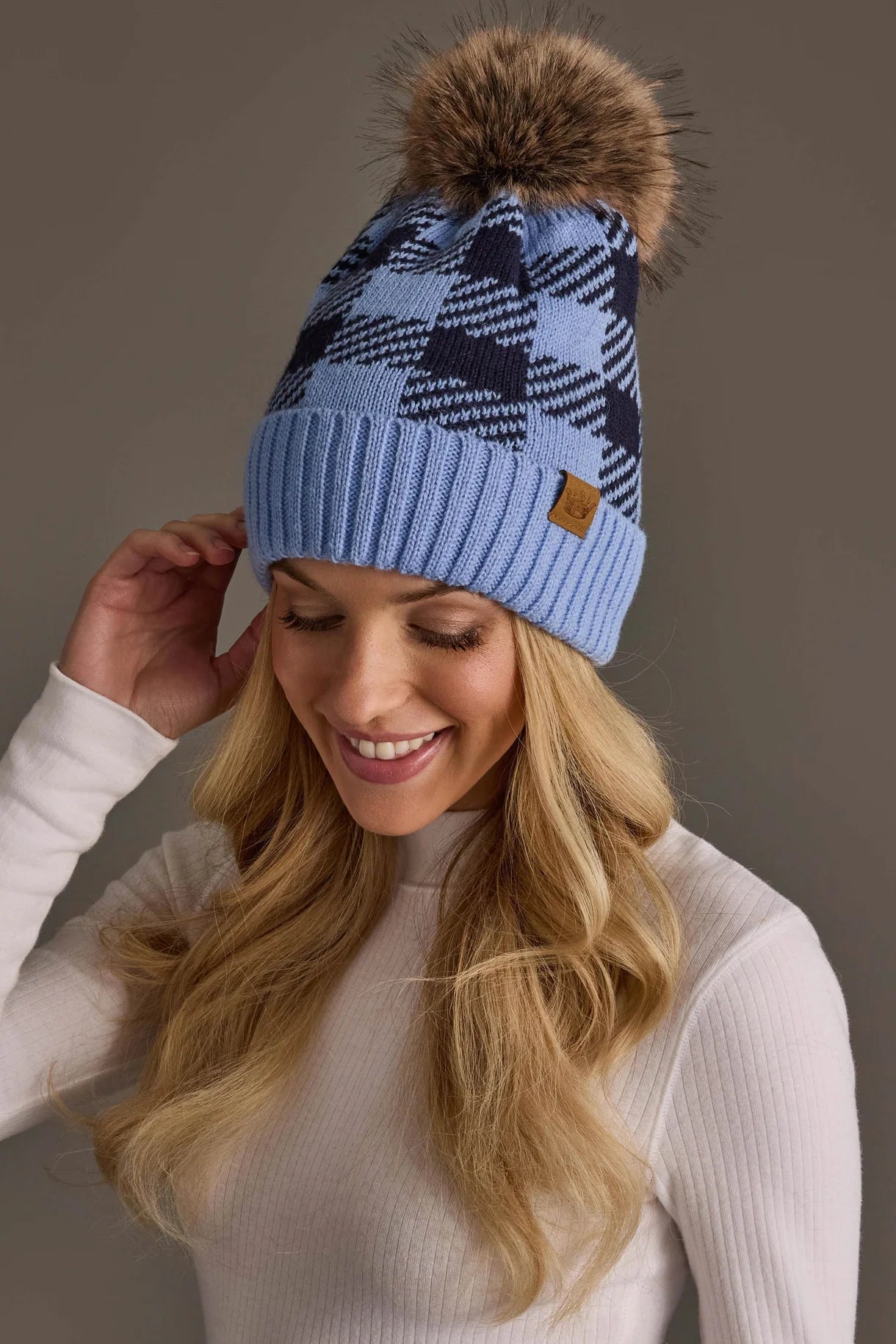 Light Blue & Navy Plaid Knit Pom Hat - Juli's Wearable Art