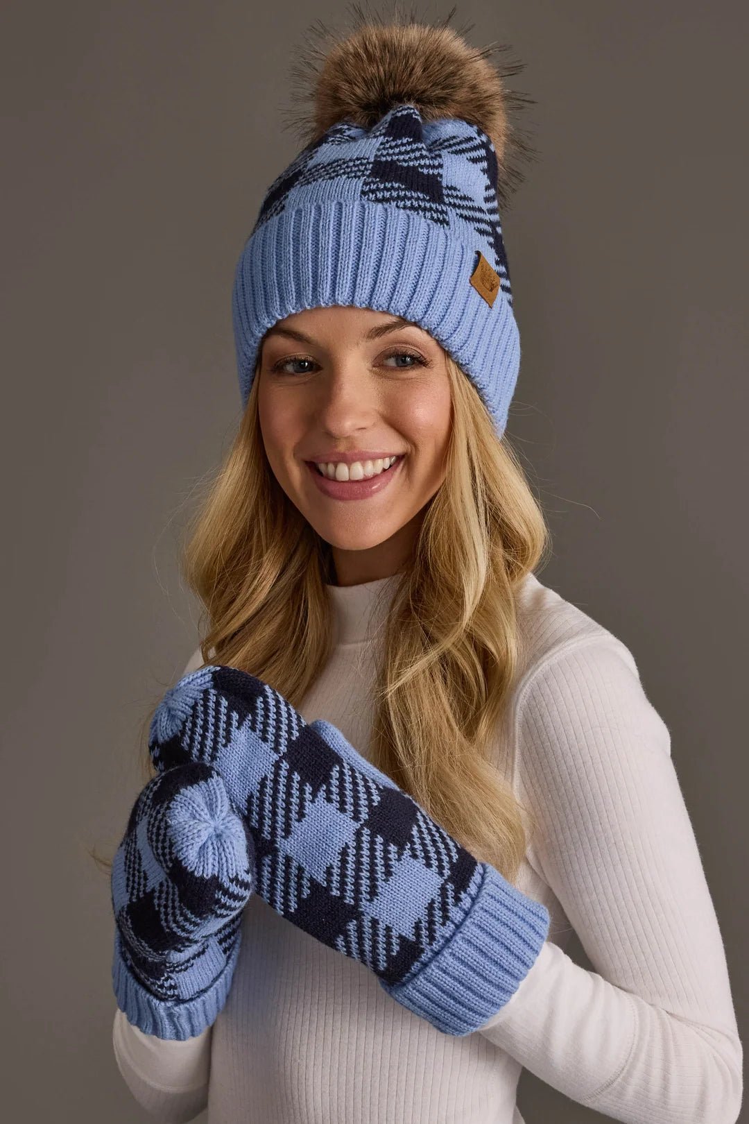 Light Blue & Navy Plaid Knit Pom Hat - Juli's Wearable Art