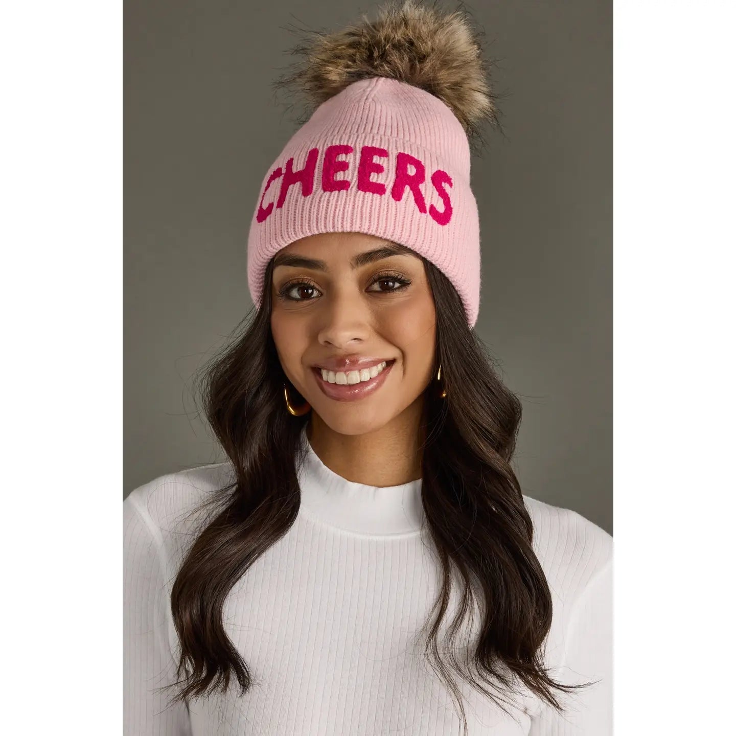 Light Pink “CHEERS” Knit Pom Hat - Juli's Wearable Art