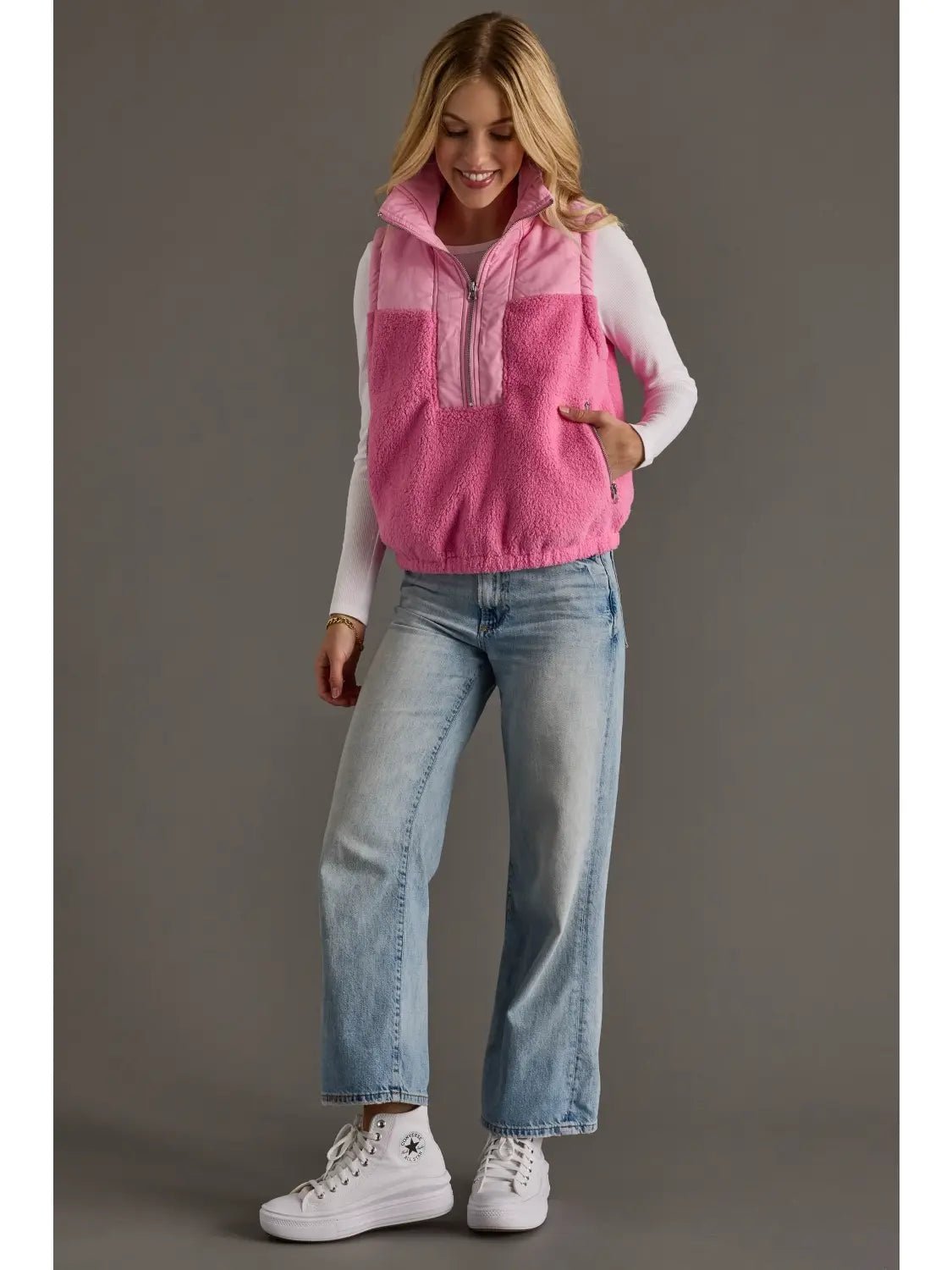 Light Pink & Pink Colorblock Sherpa Vest - Juli's Wearable Art