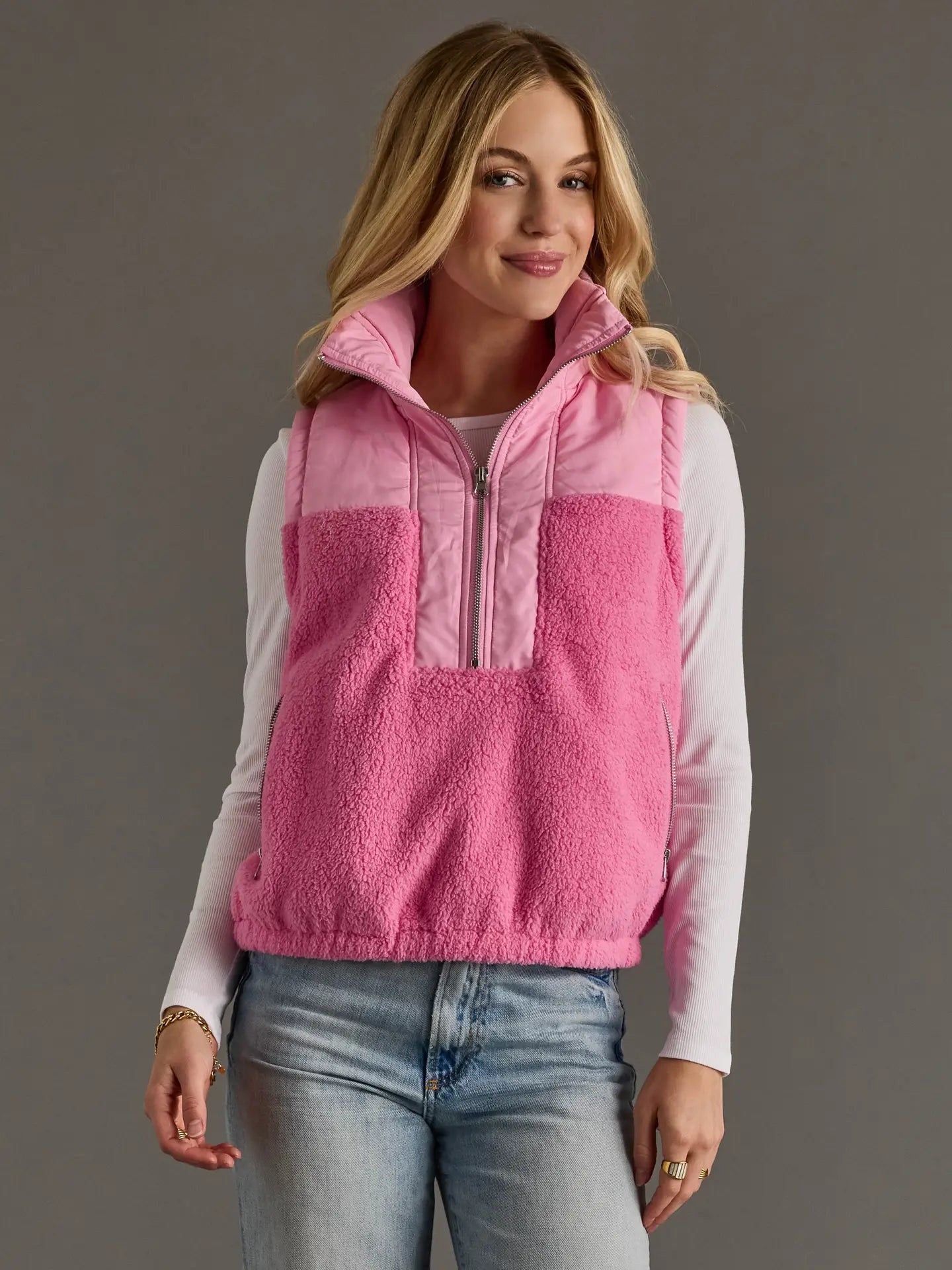 Light Pink & Pink Colorblock Sherpa Vest - Juli's Wearable Art