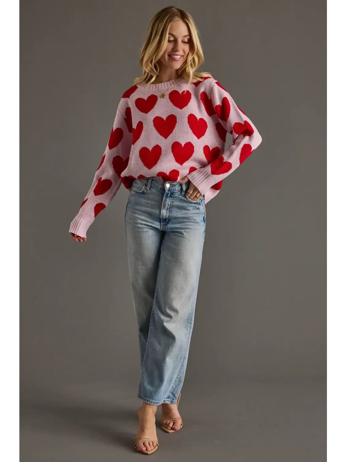 Light Pink & Red Heart Sweater - Juli's Wearable Art