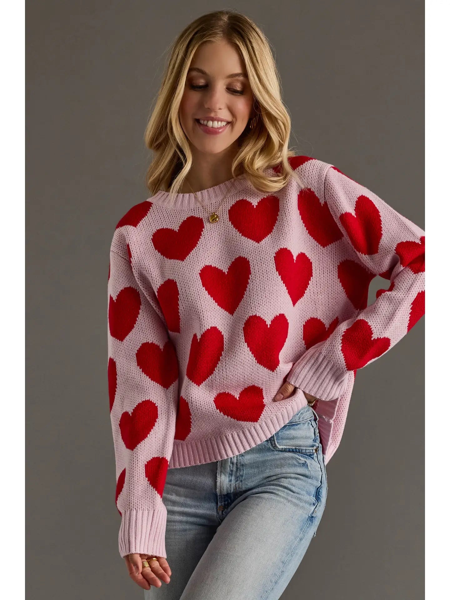 Light Pink & Red Heart Sweater - Juli's Wearable Art