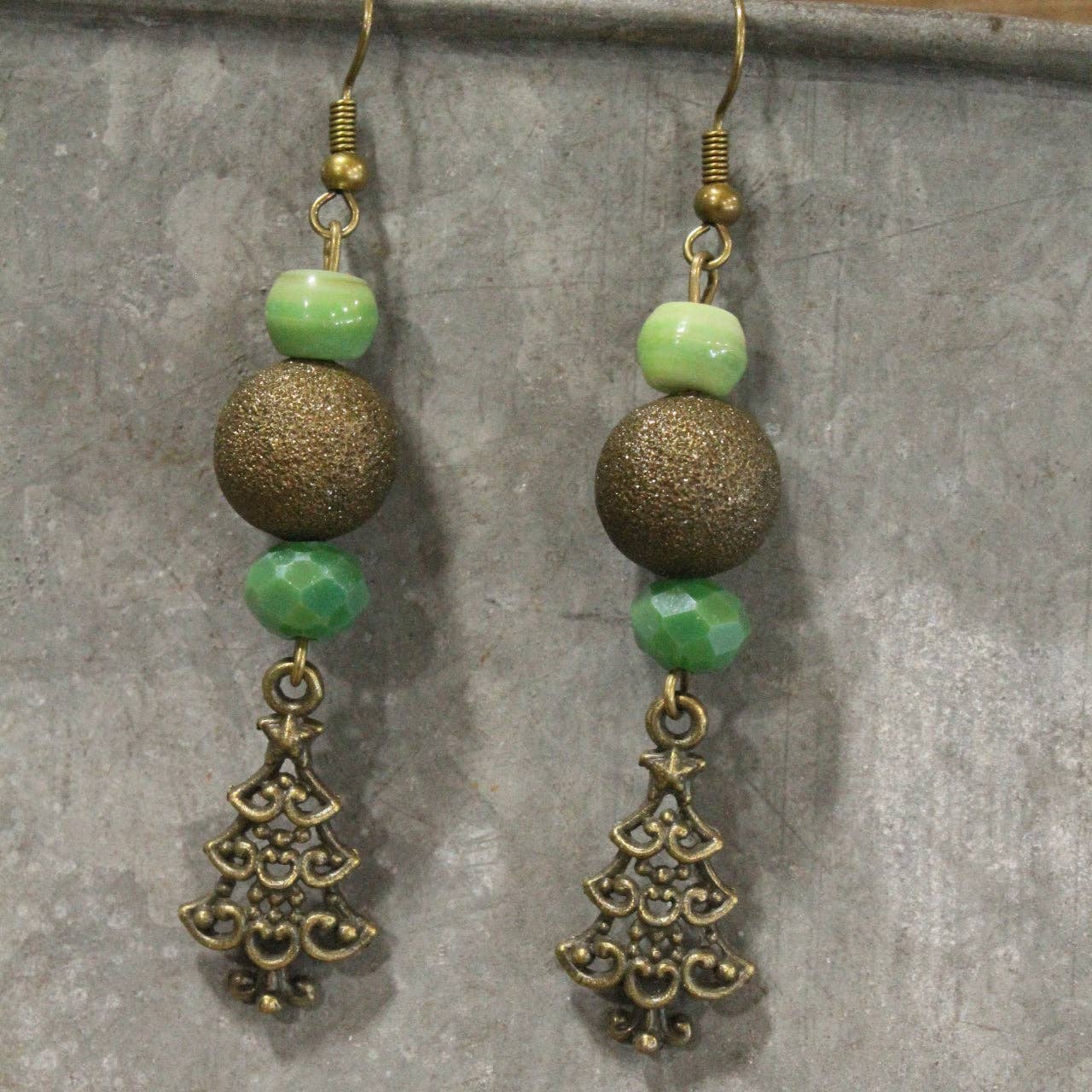 Lighting Up The Christmas Tree Green Dangle Drop Earrings - Juli's Wearable Art