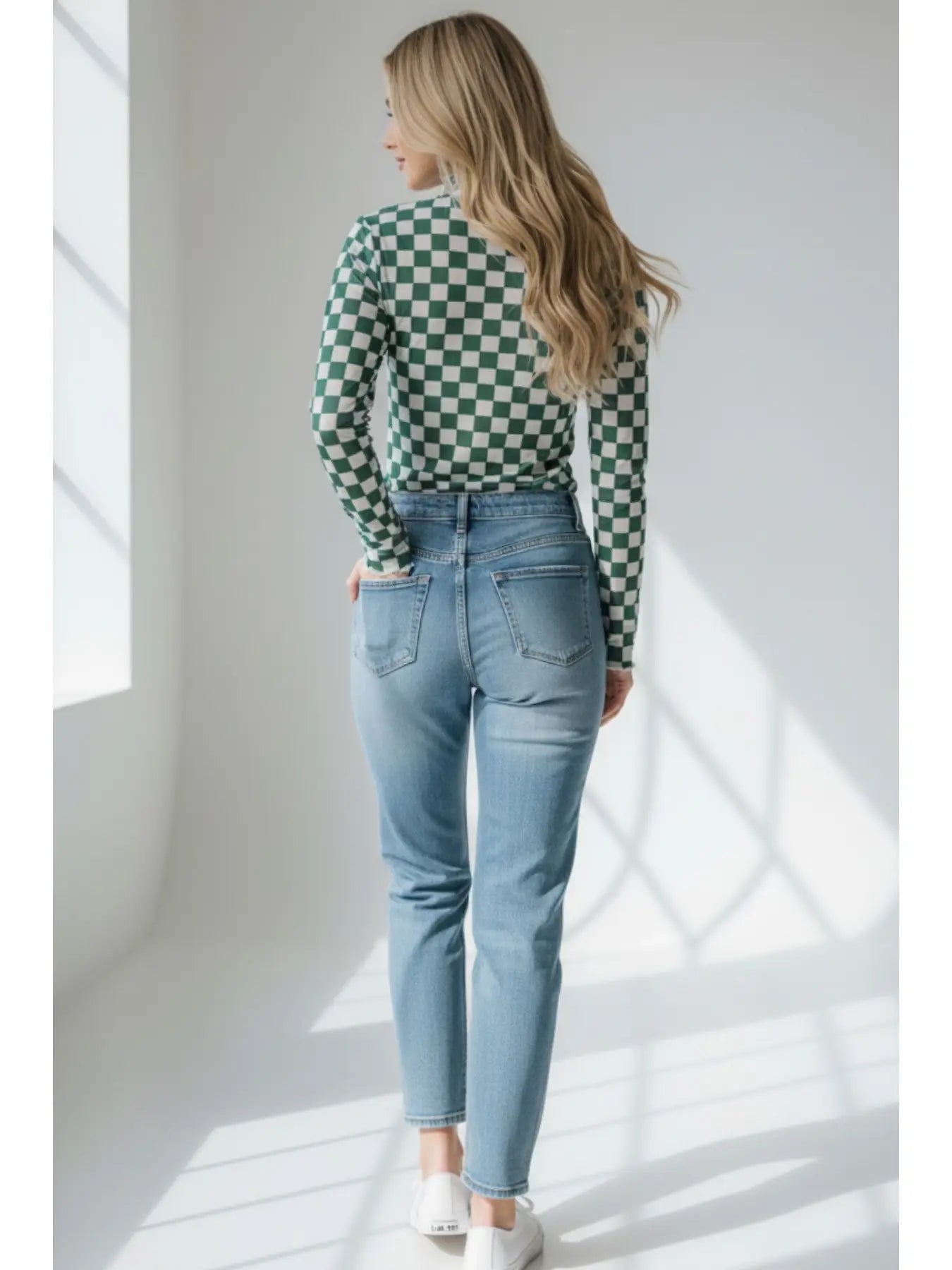 Lilian Green Checkered Mesh Mock Neck Top | Long Sleeve - Juli's Wearable Art