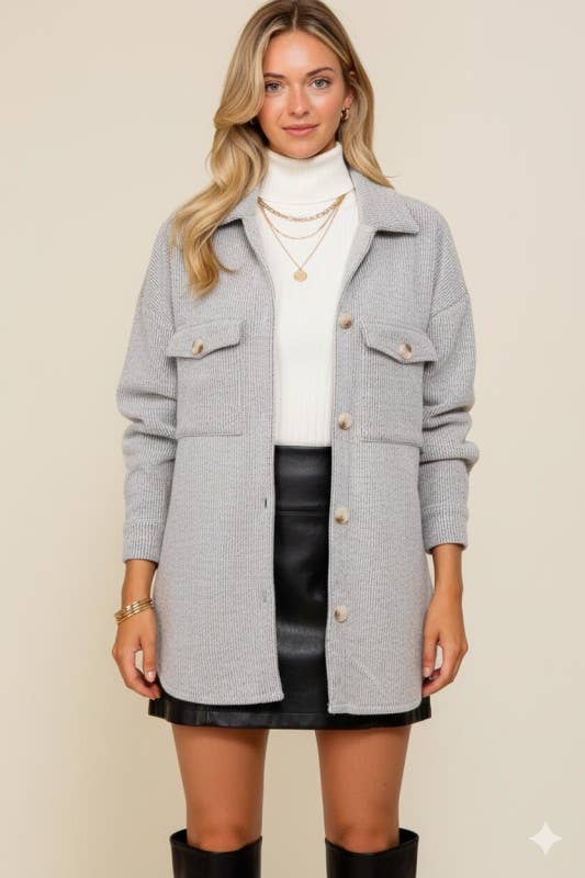 Long Sleeve Button Down Brushed Waffle Shacket – Gray - Juli's Wearable Art