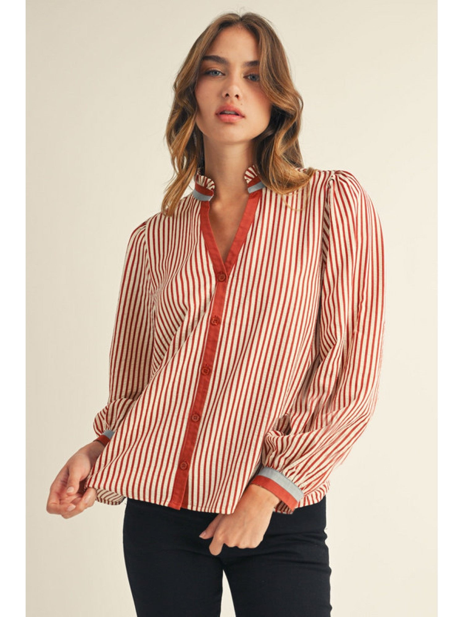 Long Sleeve Button Down Stripe Top – Brick - Juli's Wearable Art