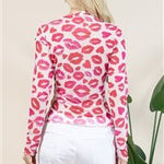 Loraine Red Lips Print Mesh Merrow Top | Long Sleeve - Juli's Wearable Art