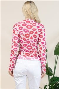 Loraine Red Lips Print Mesh Merrow Top | Long Sleeve - Juli's Wearable Art