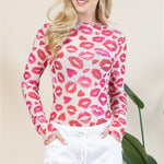 Loraine Red Lips Print Mesh Merrow Top | Long Sleeve - Juli's Wearable Art