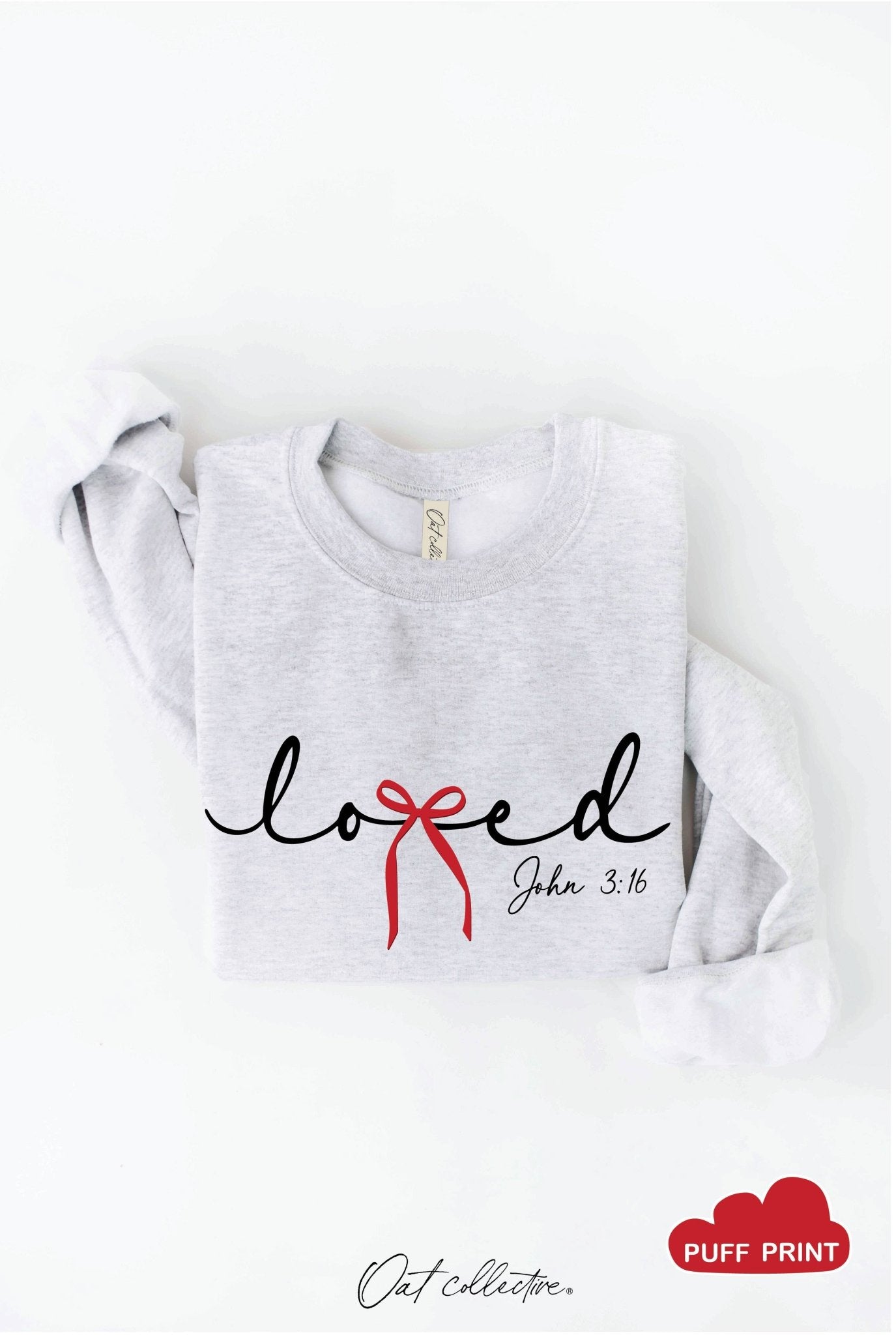 Loved Bow John 3:16 Puff Graphic Sweatshirt - Juli's Wearable Art
