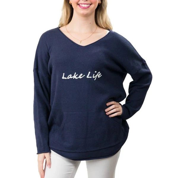 Marina Nautical Script Sweater – Navy Pullover with Kangaroo Pocket