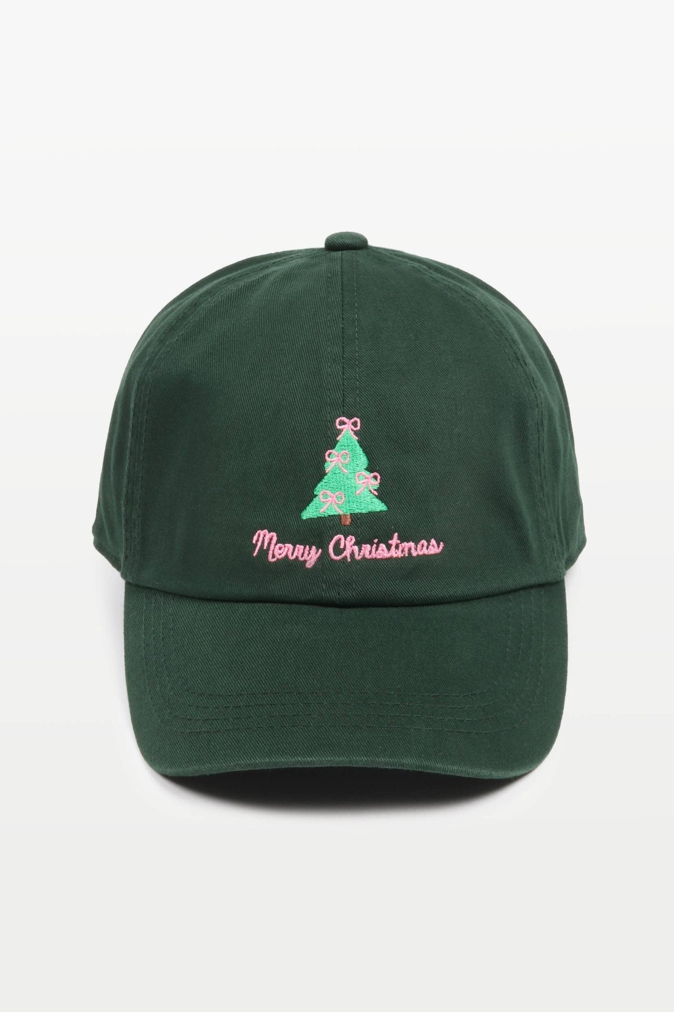 Merry Christmas Tree Embroidered Baseball Cap – Dark Green Holiday Hat - Juli's Wearable Art