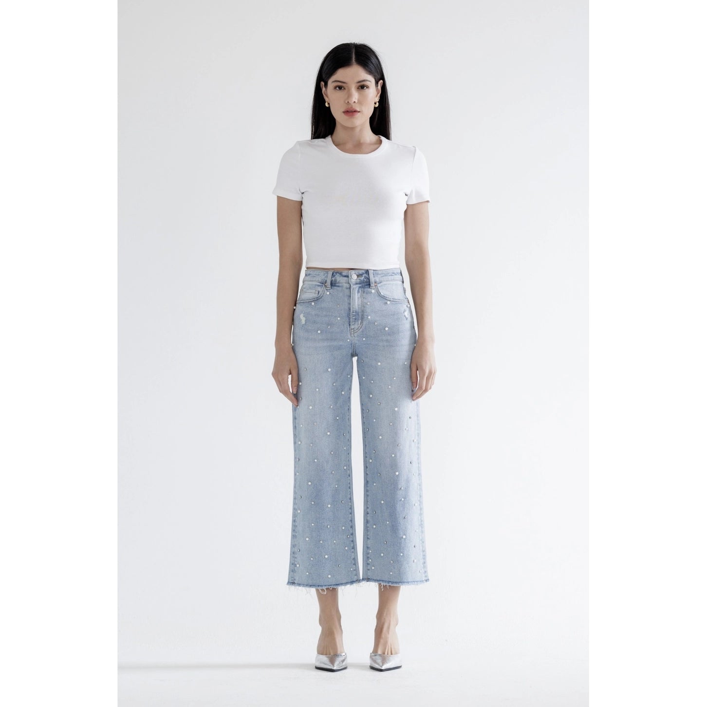 MICA High Rise Wide Leg Jeans with Pearl & Crystal Embellishments | Grizzlies Blue - Juli's Wearable Art