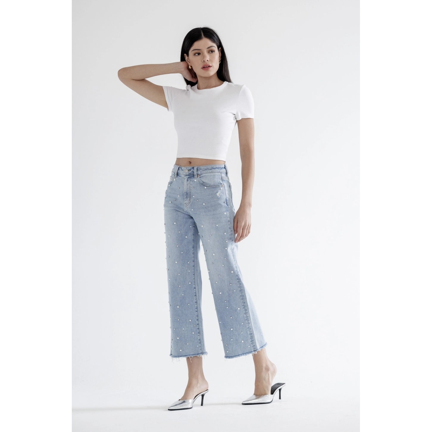 MICA High Rise Wide Leg Jeans with Pearl & Crystal Embellishments | Grizzlies Blue - Juli's Wearable Art