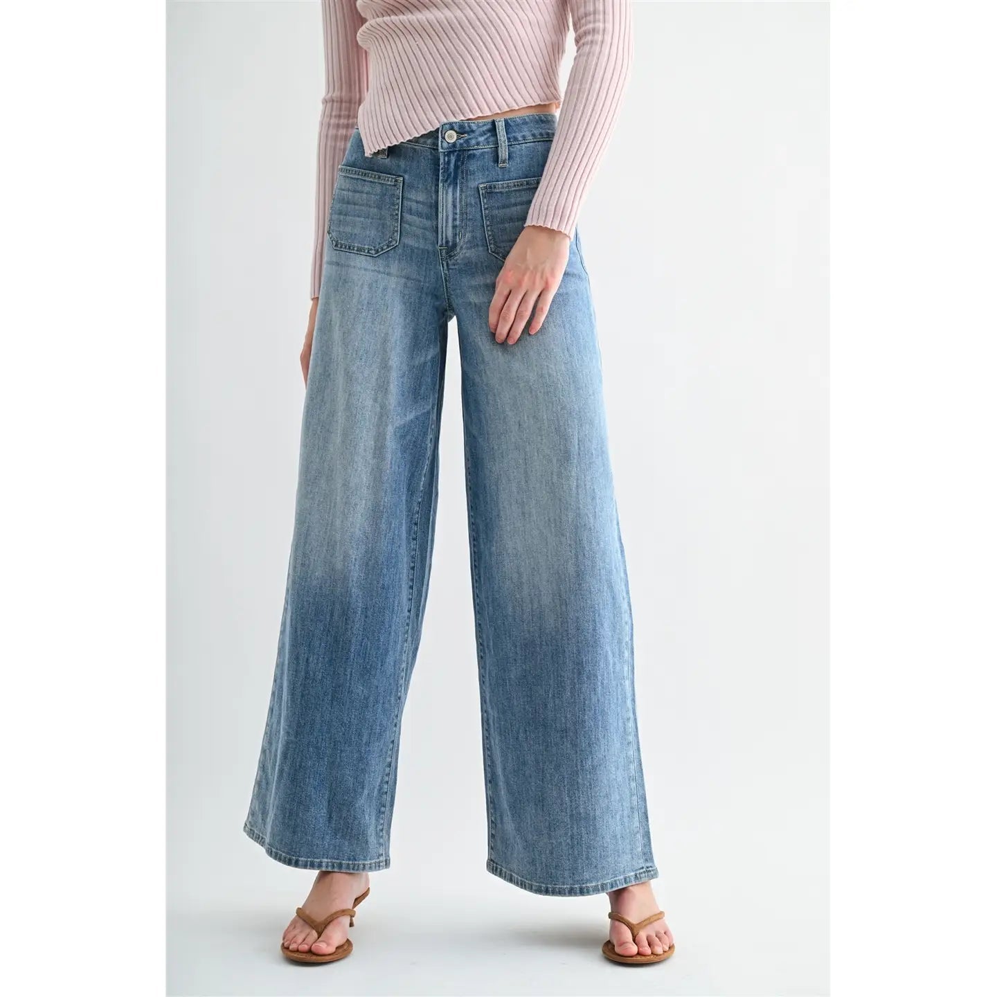 MICA High Rise Wide Leg Patch Pockets Jeans | Link Blue - Juli's Wearable Art