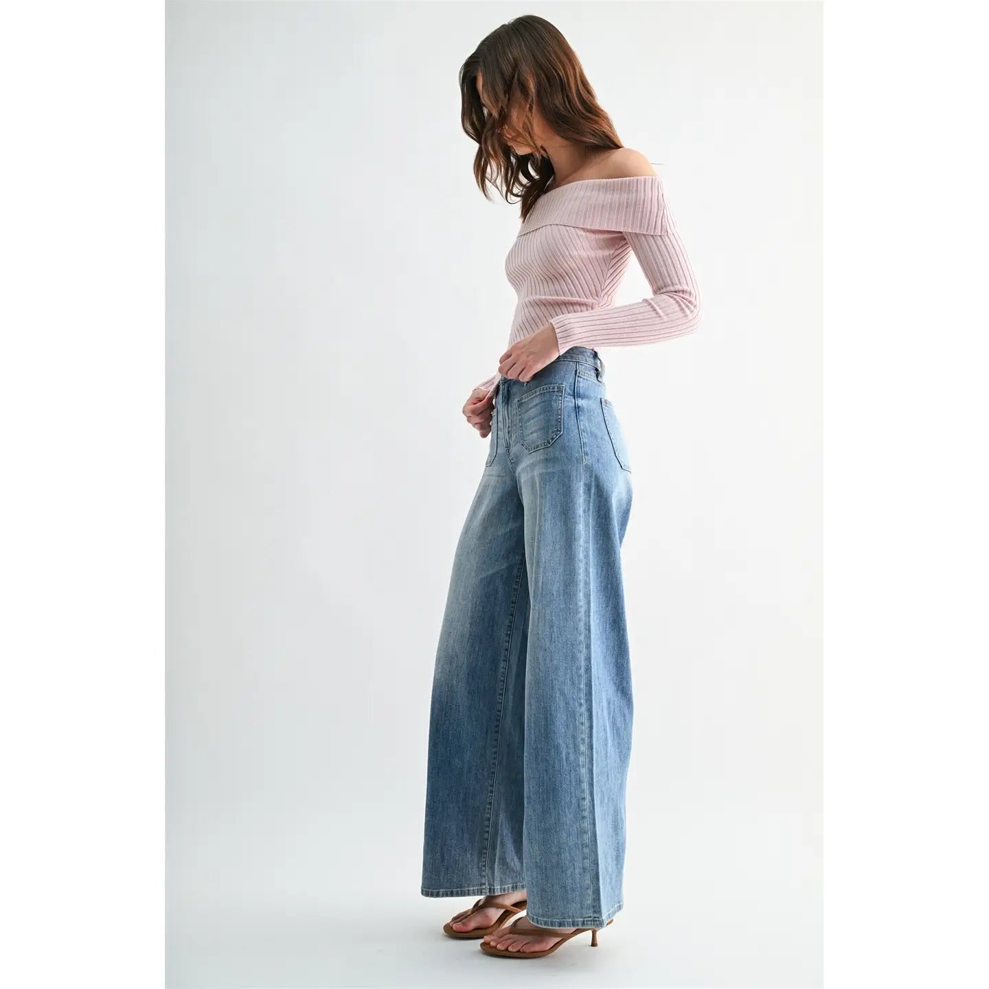 MICA High Rise Wide Leg Patch Pockets Jeans | Link Blue - Juli's Wearable Art