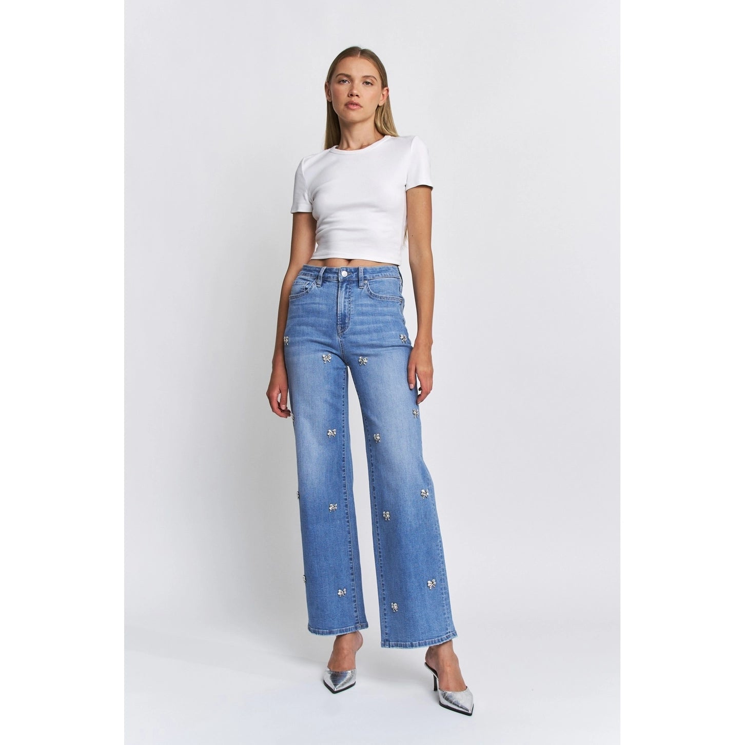 MICA High Rise Wide Leg Sparking Bow Embellished Jeans | Bluish Eyes