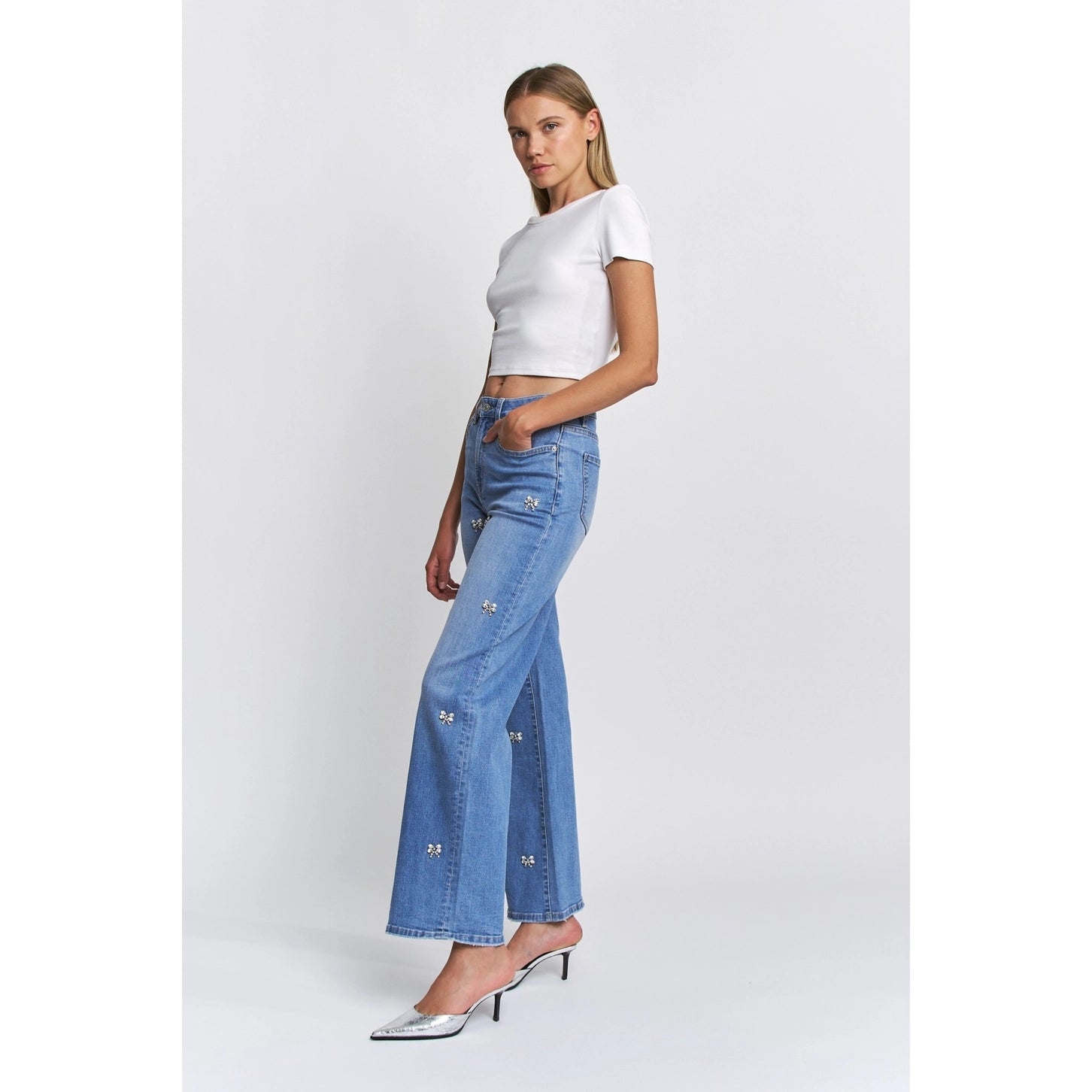 MICA High Rise Wide Leg Sparking Bow Embellished Jeans | Bluish Eyes - Juli's Wearable Art