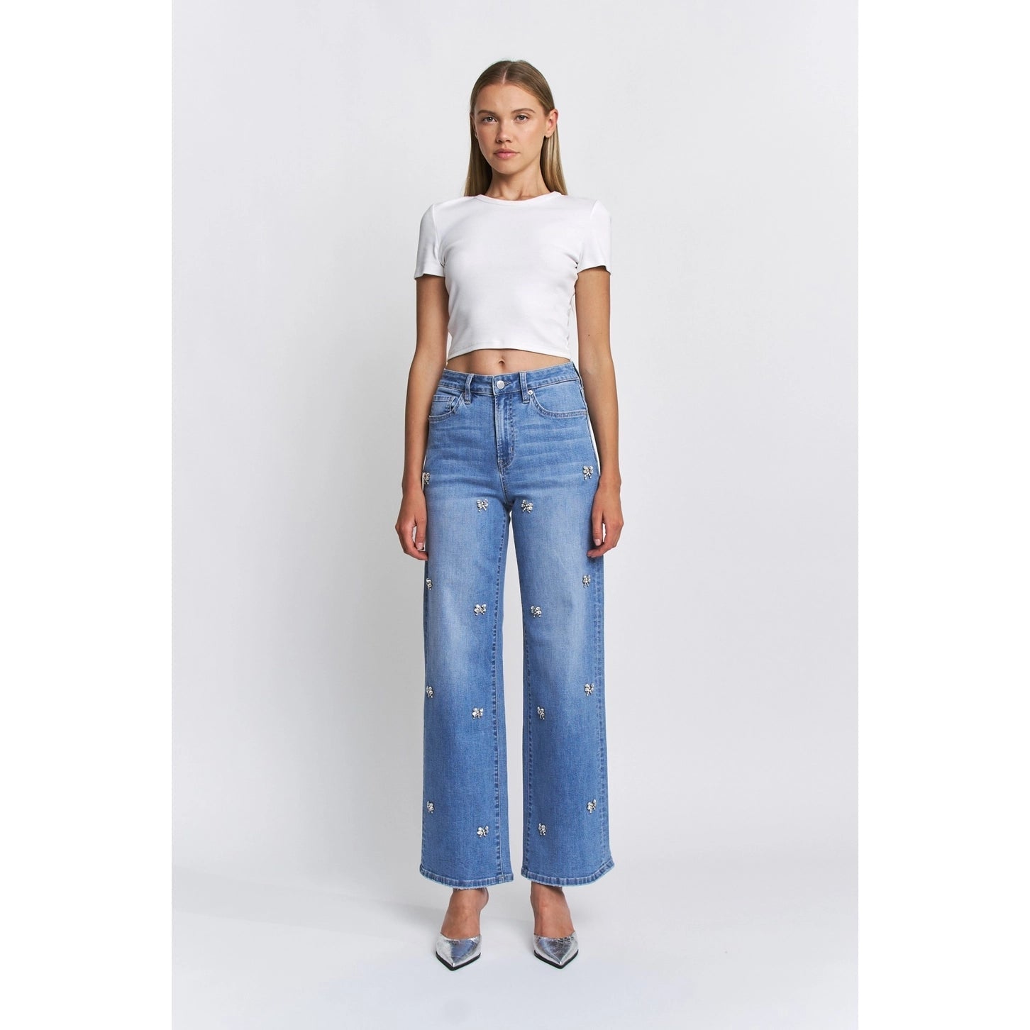 MICA High Rise Wide Leg Sparking Bow Embellished Jeans | Bluish Eyes - Juli's Wearable Art