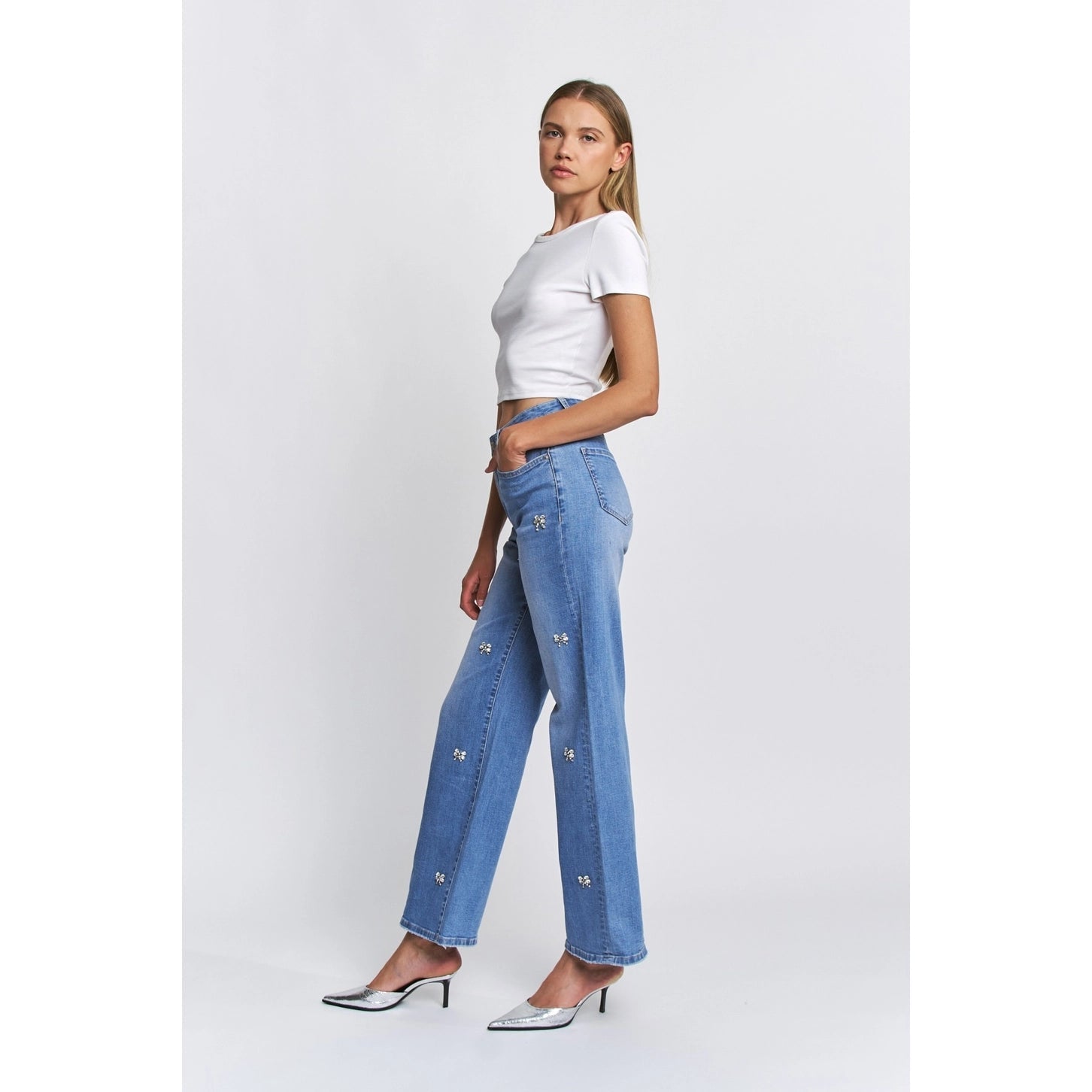 MICA High Rise Wide Leg Sparking Bow Embellished Jeans | Bluish Eyes - Juli's Wearable Art