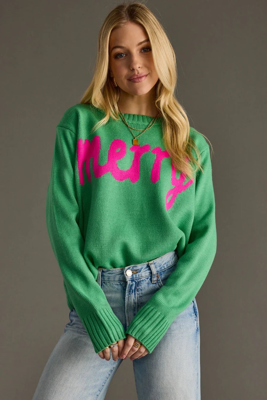 Mint Green “Merry” Knit Holiday Sweater - Juli's Wearable Art