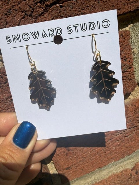 Mirrored Brown Acrylic Oak Leaf Earrings