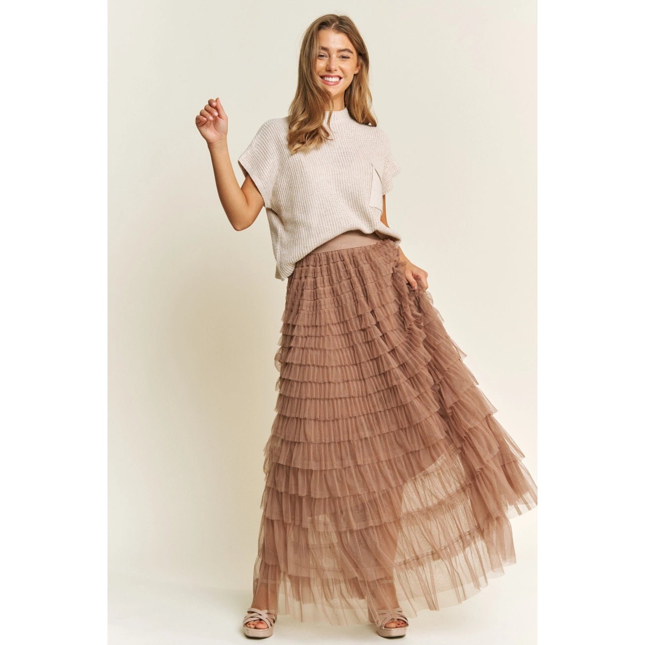 Mocha Cascading Tulle Mesh Tiered Maxi Skirt - Juli's Wearable Art