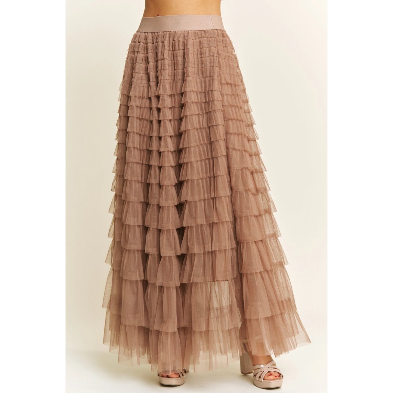 Mocha Cascading Tulle Mesh Tiered Maxi Skirt - Juli's Wearable Art