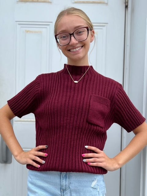Mock Neck Short Sleeve Pullover | Maroon