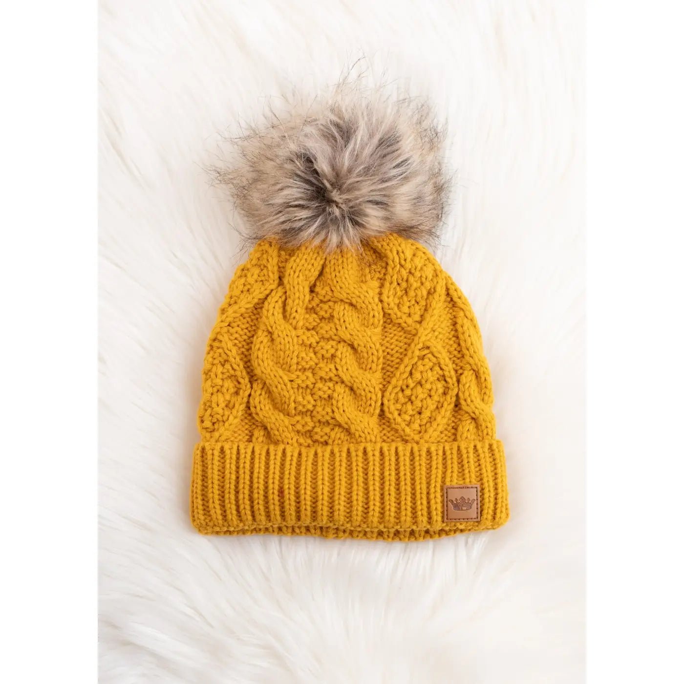 Mustard Cable Knit Hat with Faux Fur Pom - Juli's Wearable Art