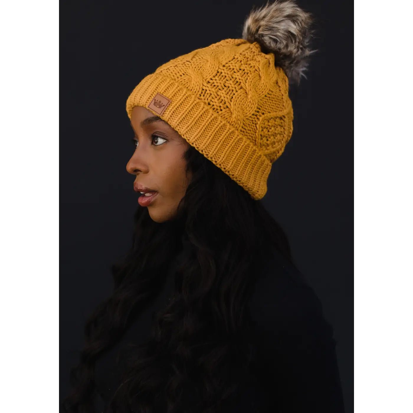 Mustard Cable Knit Hat with Faux Fur Pom - Juli's Wearable Art