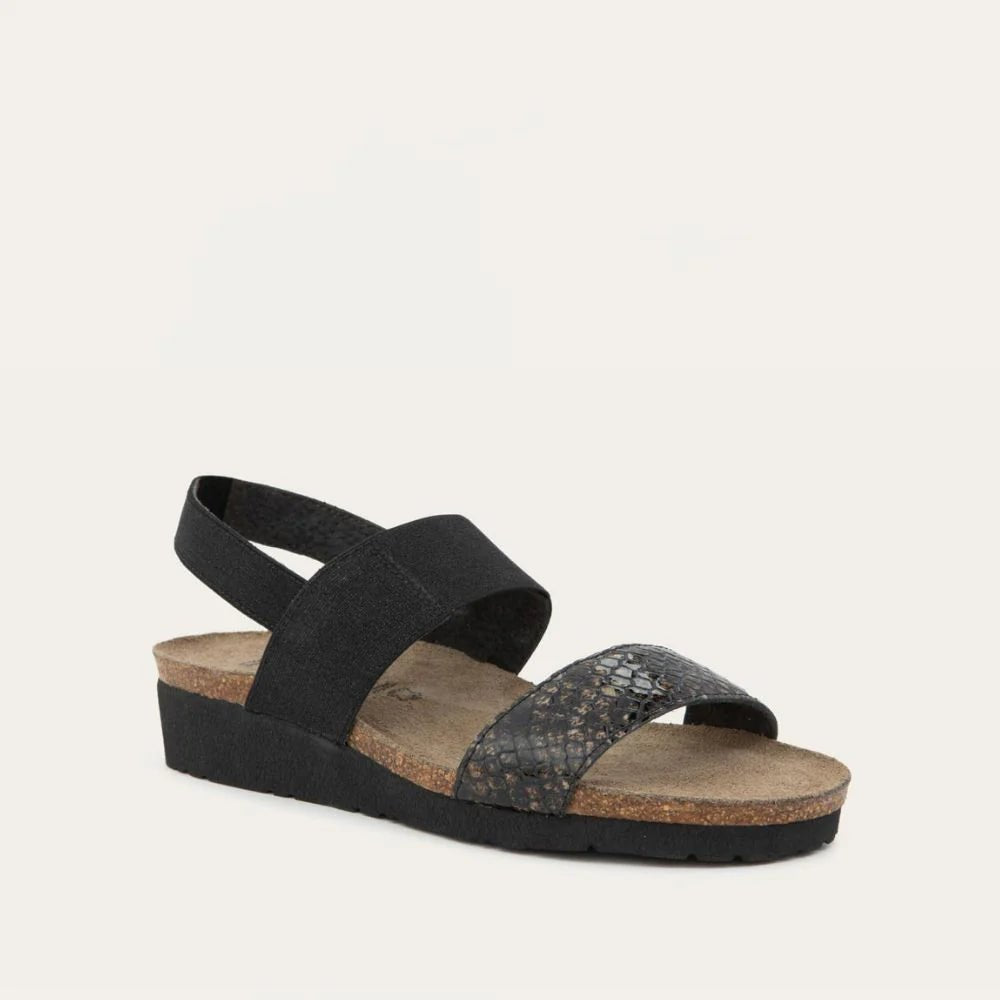 NAOT Amy Sandals | Reptile Patent Leather/Black Elastic - Juli's Wearable Art