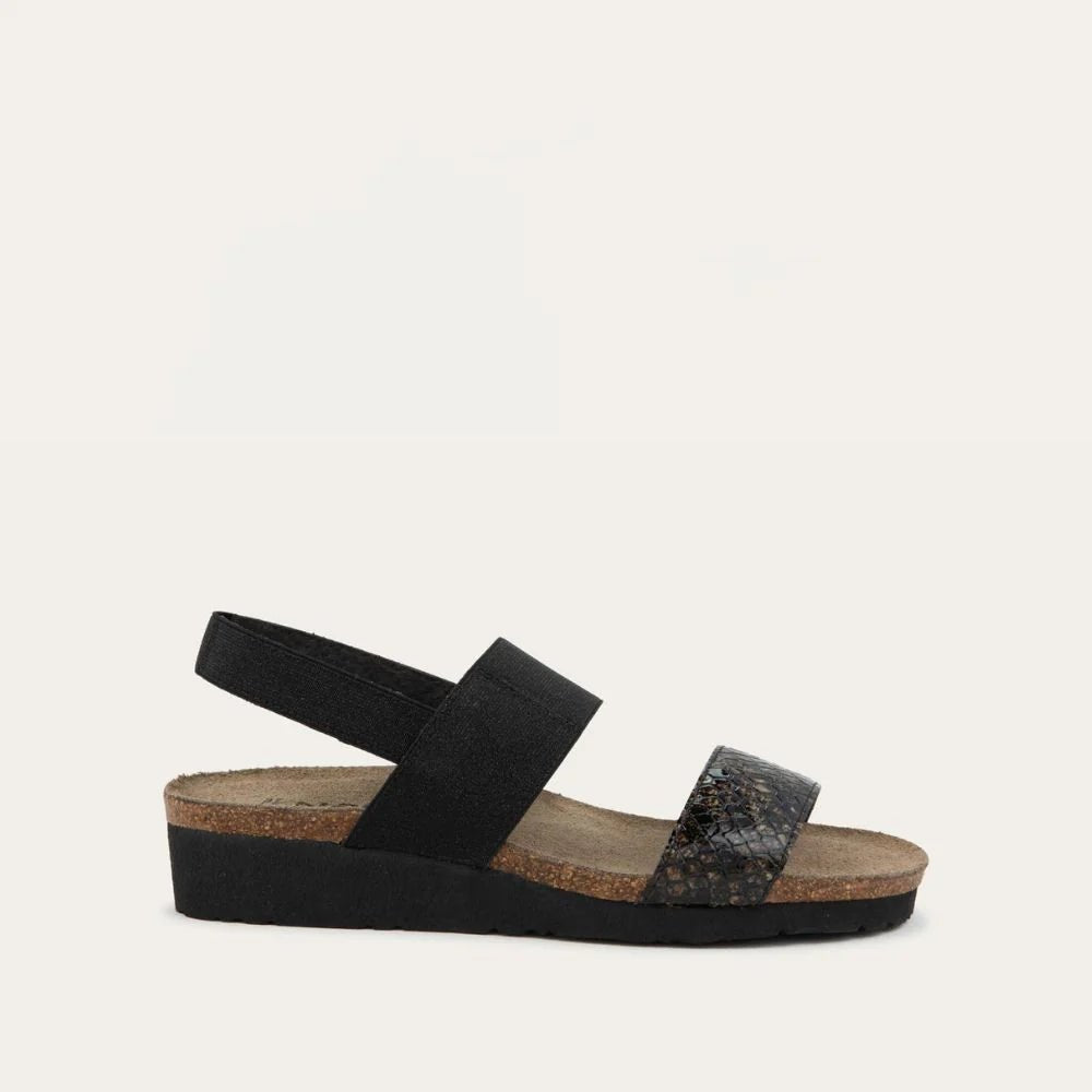 NAOT Amy Sandals | Reptile Patent Leather/Black Elastic - Juli's Wearable Art