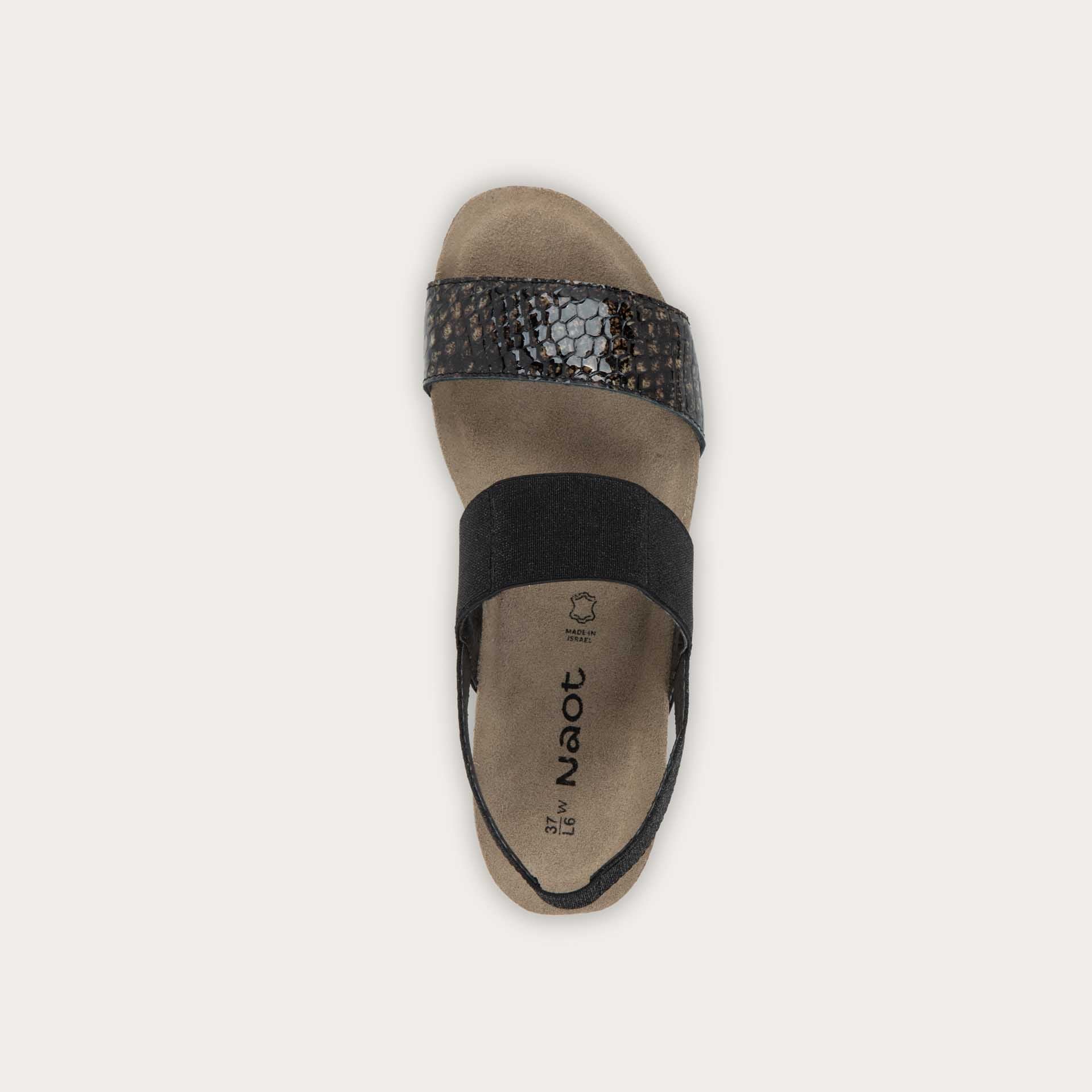 NAOT Amy Sandals | Reptile Patent Leather/Black Elastic - Juli's Wearable Art