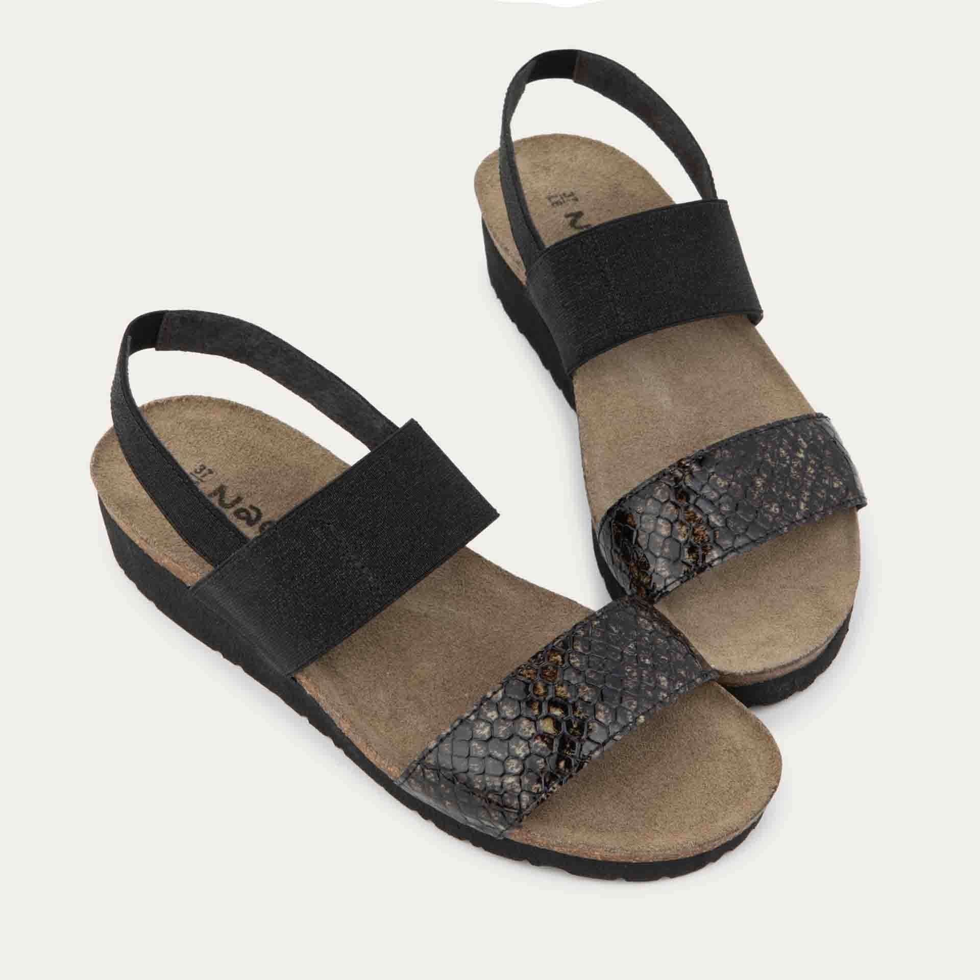 NAOT Amy Sandals | Reptile Patent Leather/Black Elastic - Juli's Wearable Art