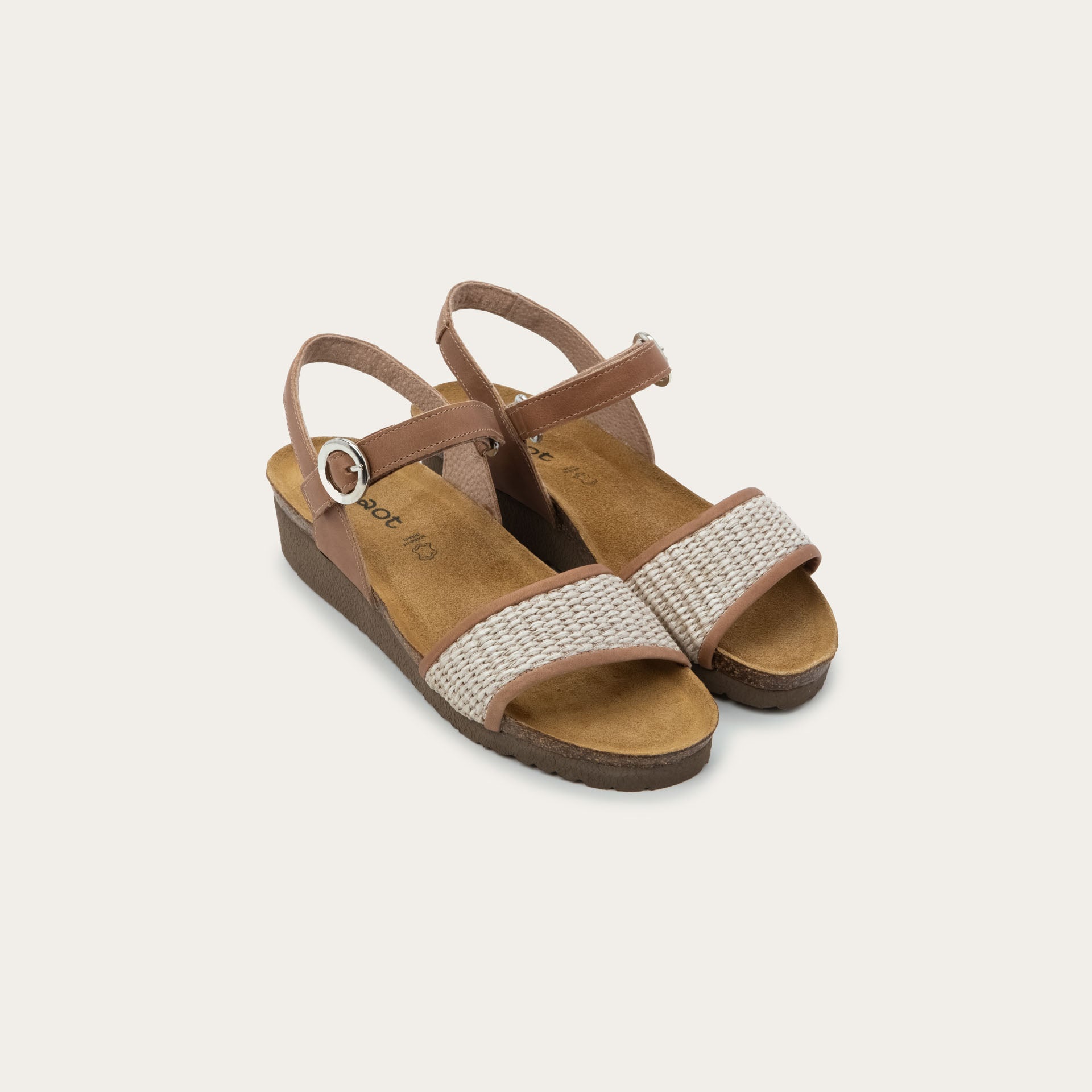 NAOT Cecile Sandal - Latte Brown Leather/Sand Raffia - Juli's Wearable Art
