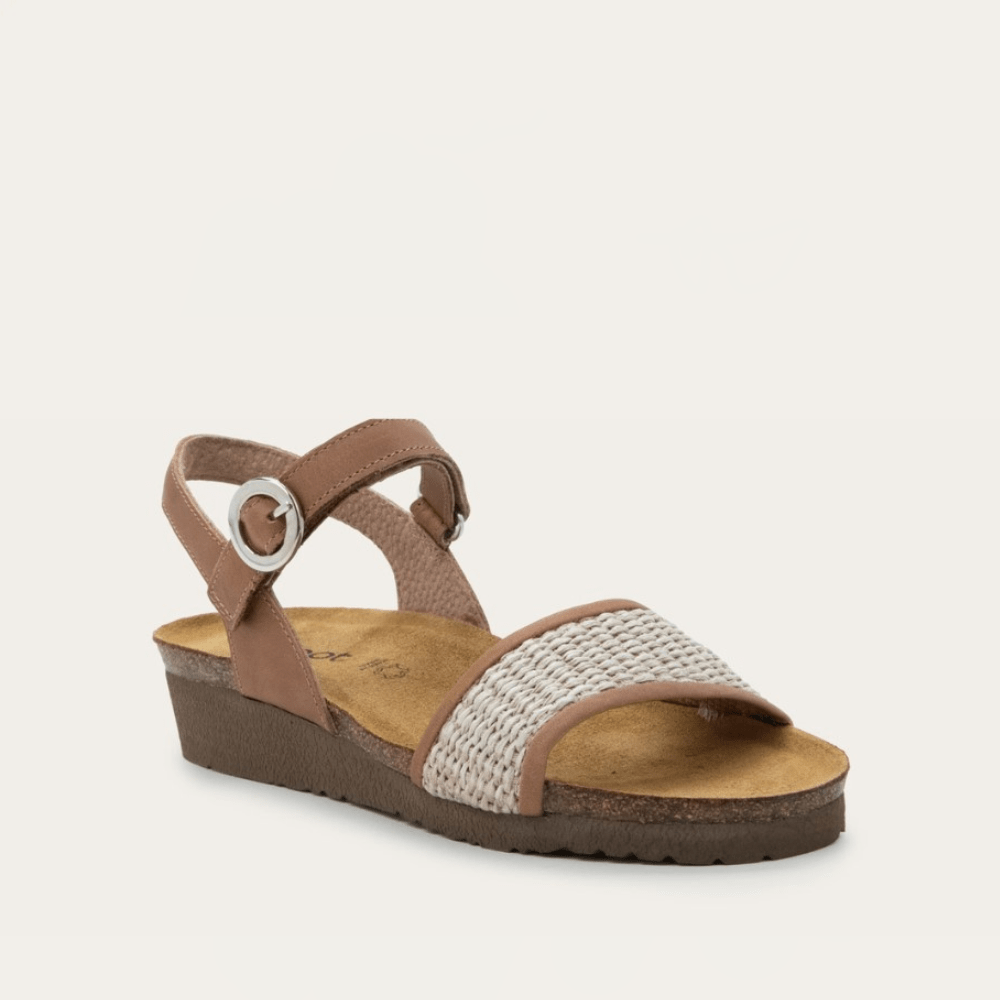 NAOT Cecile Sandal - Latte Brown Leather/Sand Raffia - Juli's Wearable Art