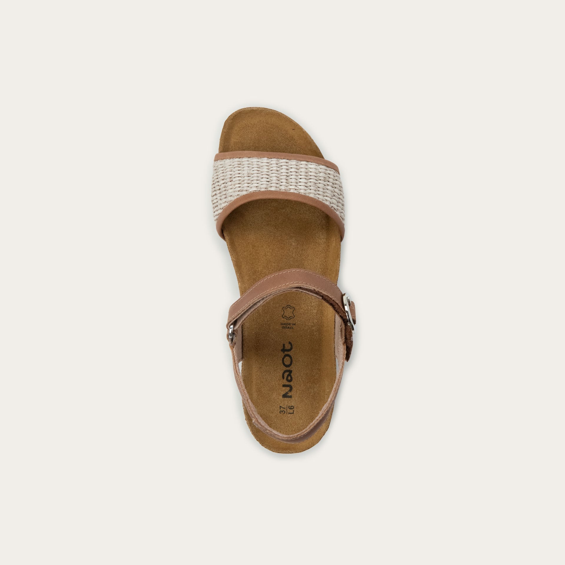 NAOT Cecile Sandal - Latte Brown Leather/Sand Raffia - Juli's Wearable Art