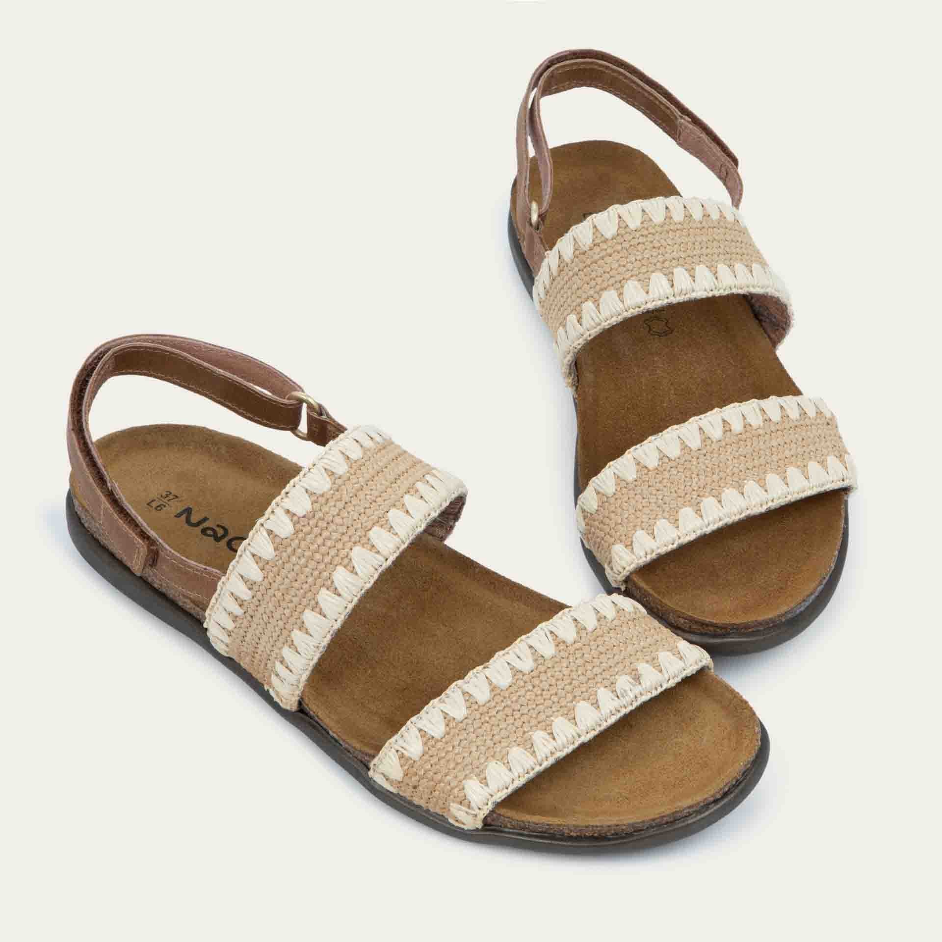 NAOT Dylan Sandals | Latte Brown Leather/Sandy/Ivory Stretch - Juli's Wearable Art