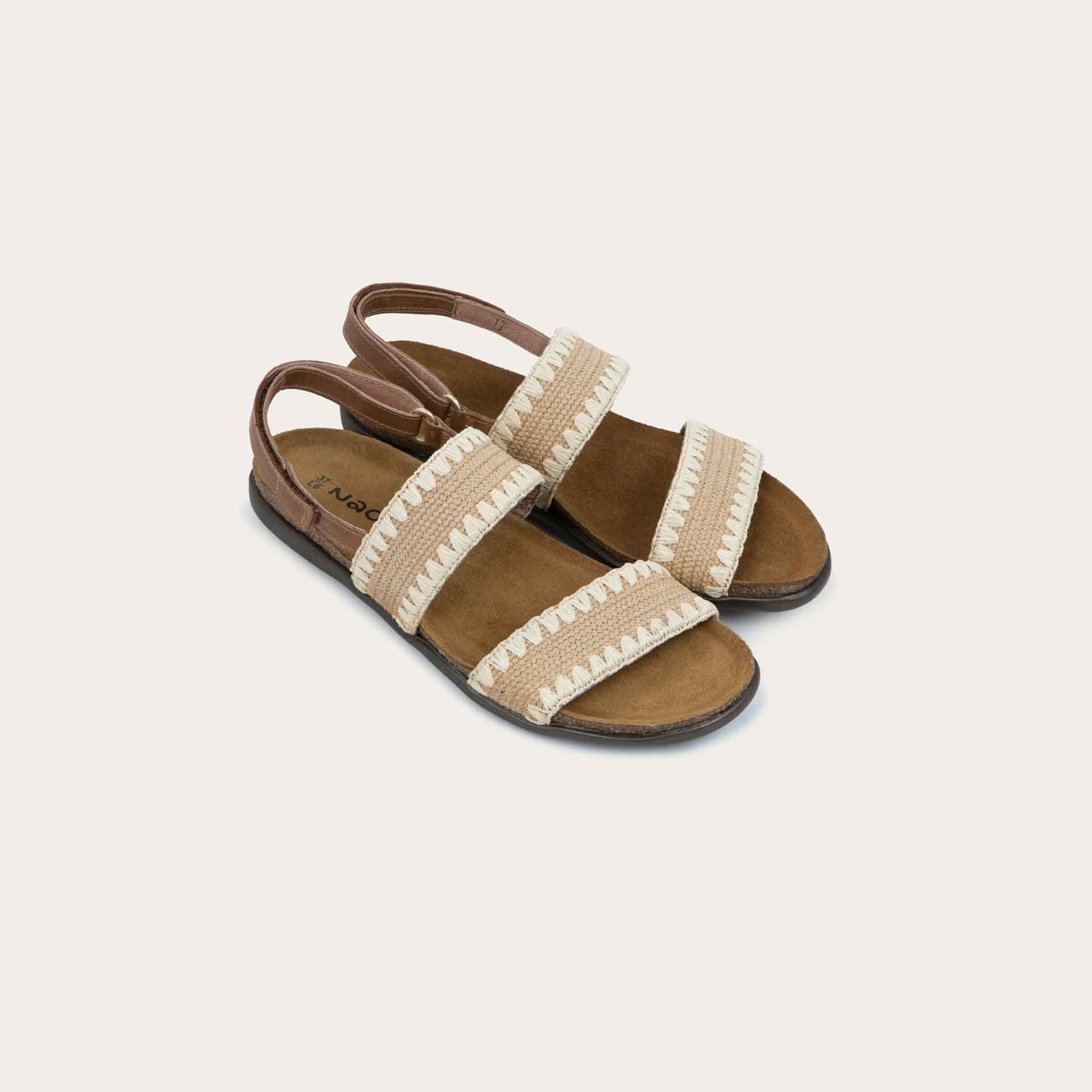 NAOT Dylan Sandals | Latte Brown Leather/Sandy/Ivory Stretch - Juli's Wearable Art