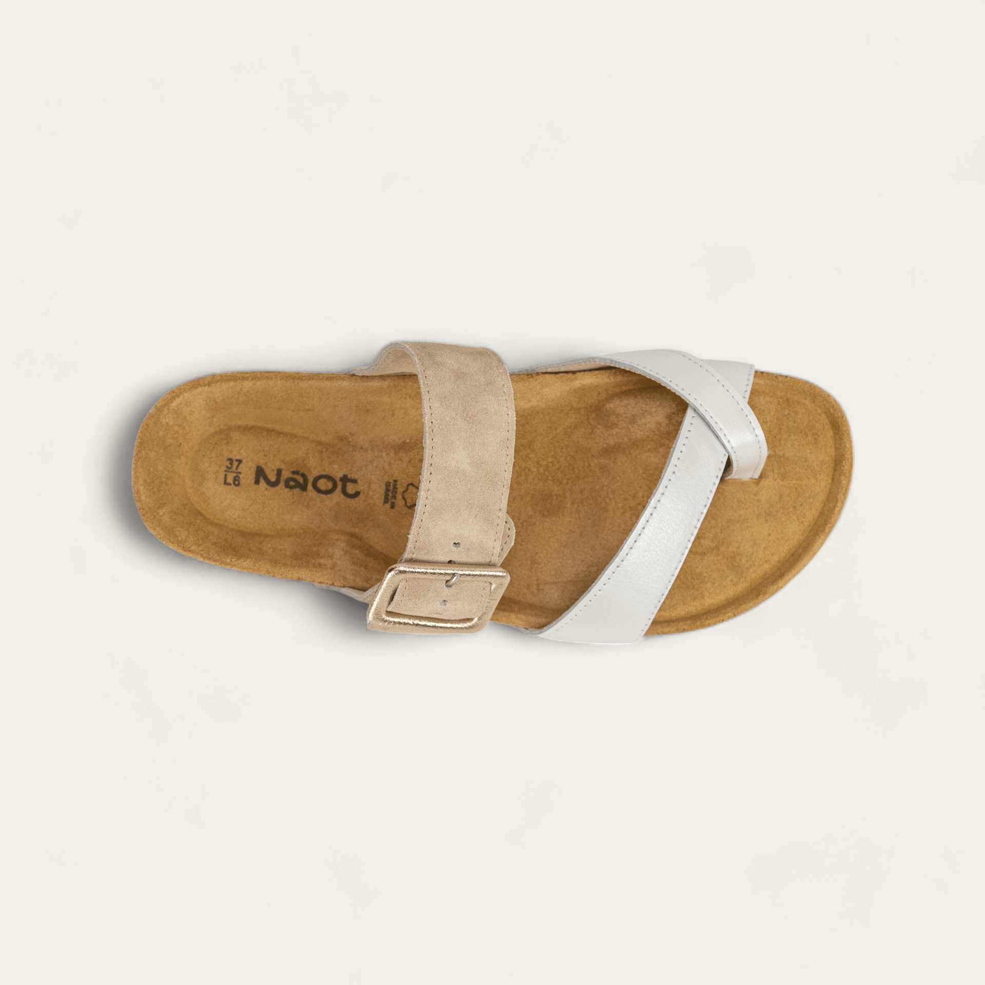NAOT Fresno Sandals | White Pearl Leather/Sand Stone Suede - Juli's Wearable Art